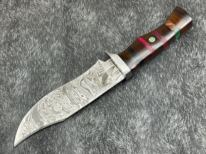 12 Inch Custom Handmade Damascus Bowie Knife with Hardwood Handle and Leather Sheath