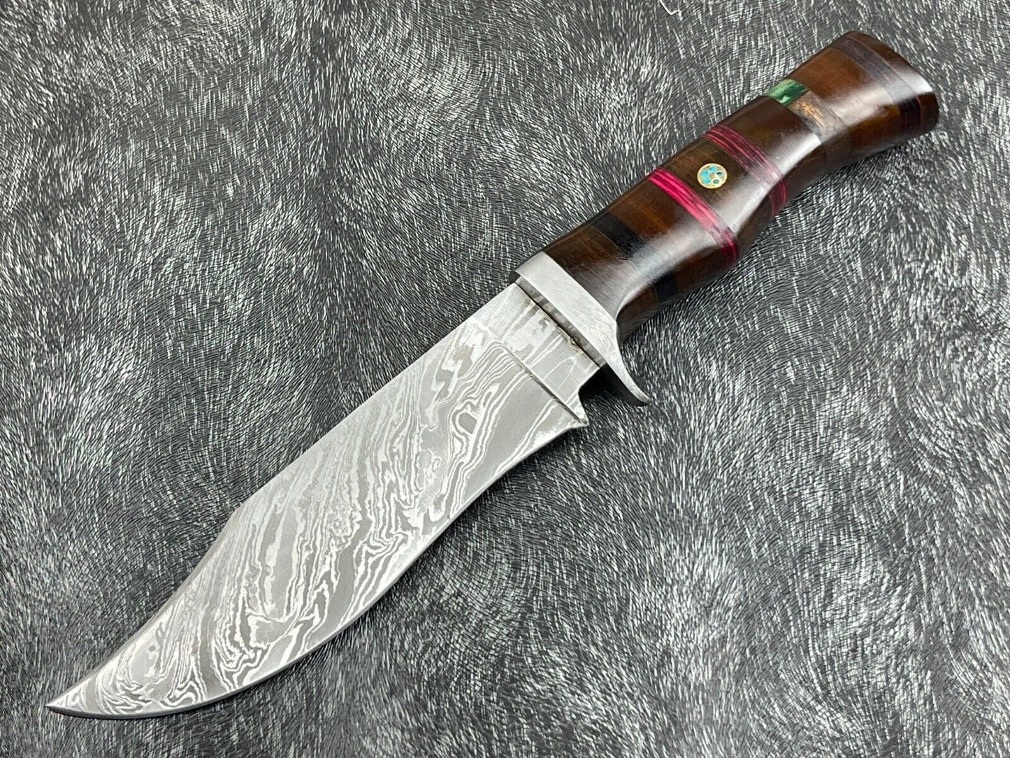 12 Inch Custom Handmade Damascus Bowie Knife with Hardwood Handle and Leather Sheath