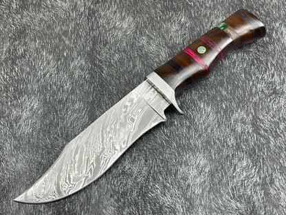 12 Inch Custom Handmade Damascus Bowie Knife with Hardwood Handle and Leather Sheath
