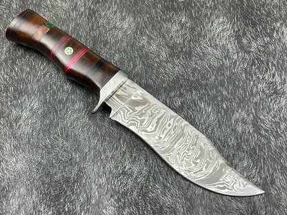 12 Inch Custom Handmade Damascus Bowie Knife with Hardwood Handle and Leather Sheath