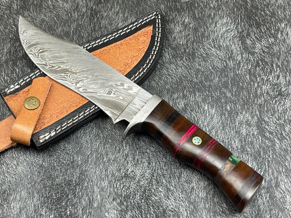 12 Inch Custom Handmade Damascus Bowie Knife with Hardwood Handle and Leather Sheath