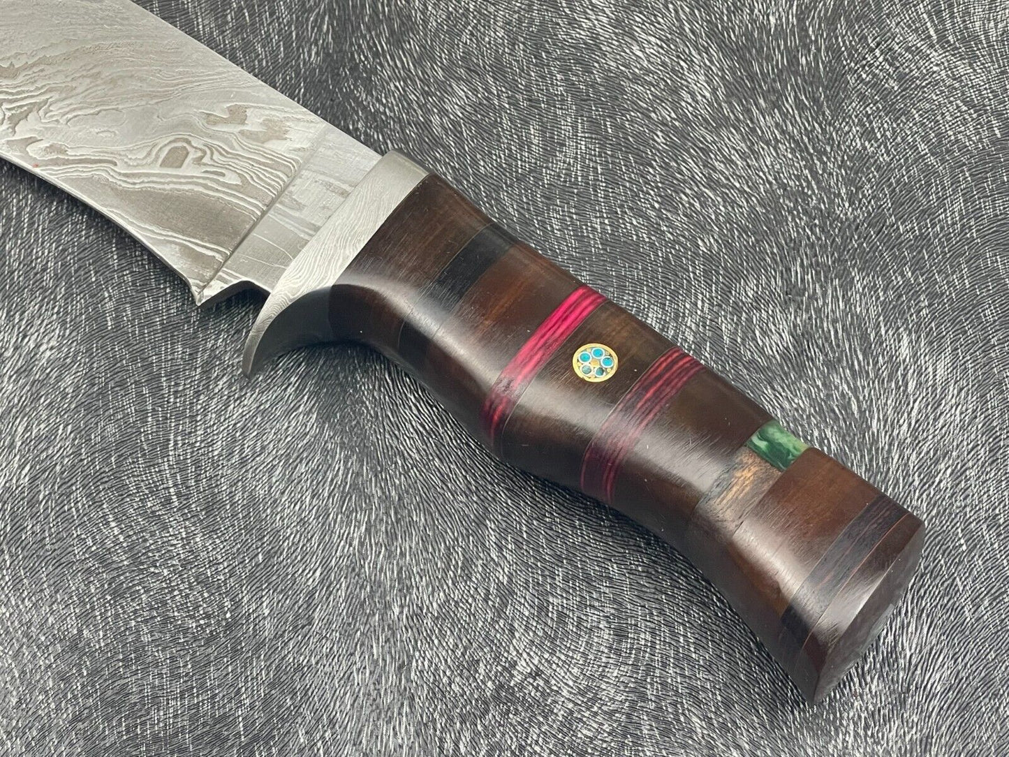 12 Inch Custom Handmade Damascus Bowie Knife with Hardwood Handle and Leather Sheath