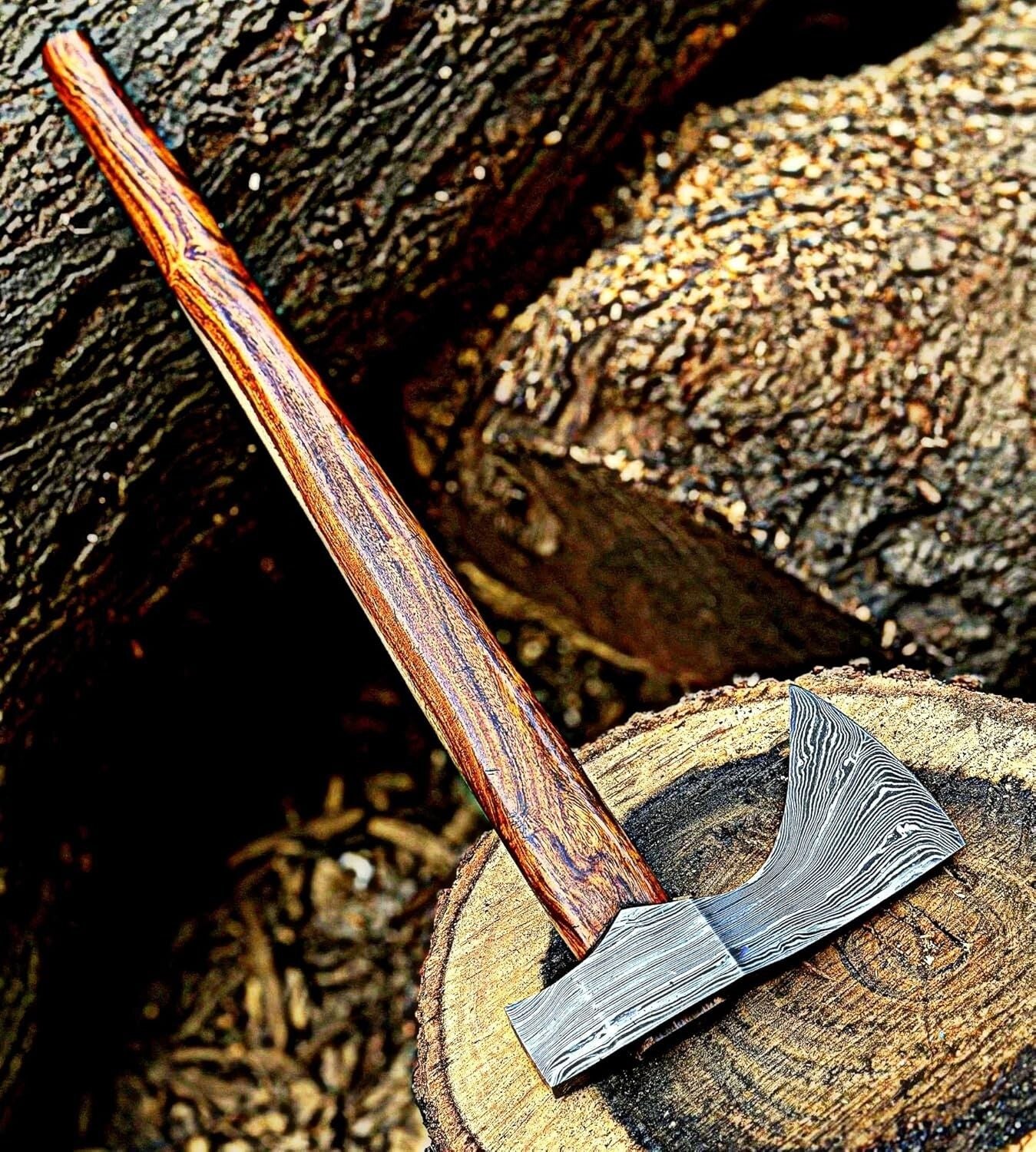 Handmade Damascus Steel Axe Hatchet Tomahawk | 18-Inch Viking Axe with Wood Handle & Leather Sheath