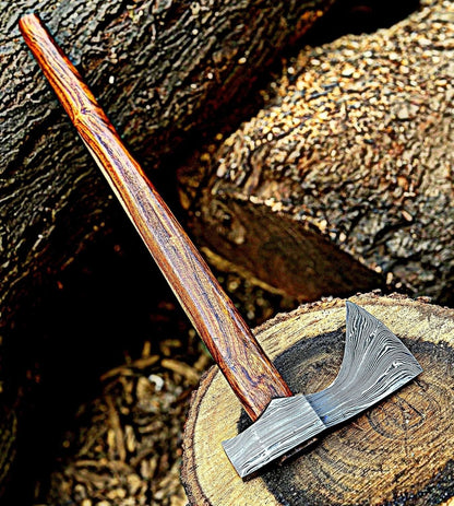Handmade Damascus Steel Axe Hatchet Tomahawk | 18-Inch Viking Axe with Wood Handle & Leather Sheath
