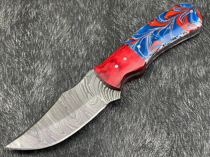 9" Damascus Steel Bowie Knife – Resin & Hardwood Handle with Leather Sheath