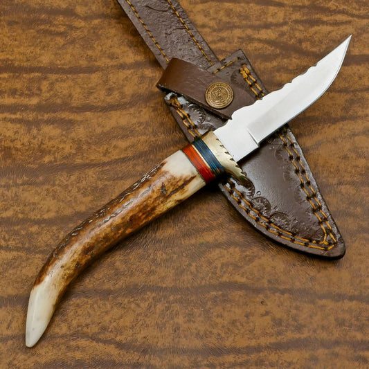Handmade 12 Inch D2 Steel Bowie Camping Hunting Knife – Stag Antler Handle, Full Tang Survival Blade
