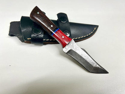 Handmade Custom Damascus Steel Tracker Knife – Wood Handle Full Tang Camping & Hunting Knife with Sheath