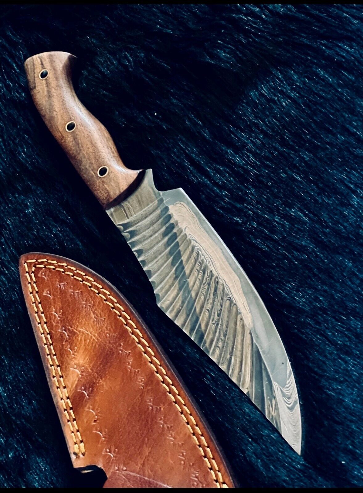 Heritage Forge 11.75 Inch Damascus Skinner Knife with Camel Bone and Wood Handle