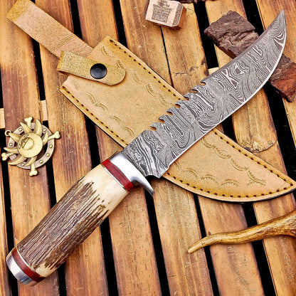 13" Heritage Forge Damascus Bowie Knife | Stag Antler & Steel Bolster