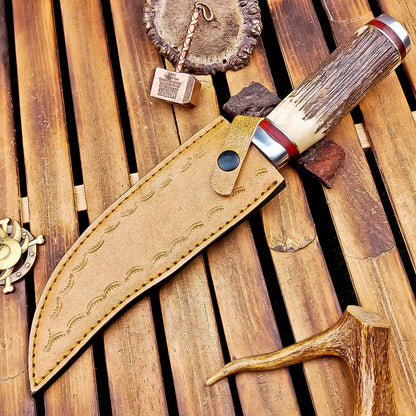 13" Heritage Forge Damascus Bowie Knife | Stag Antler & Steel Bolster