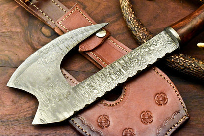 Rare Handmade Damascus Steel Viking Tomahawk Axe with Leather Sheath