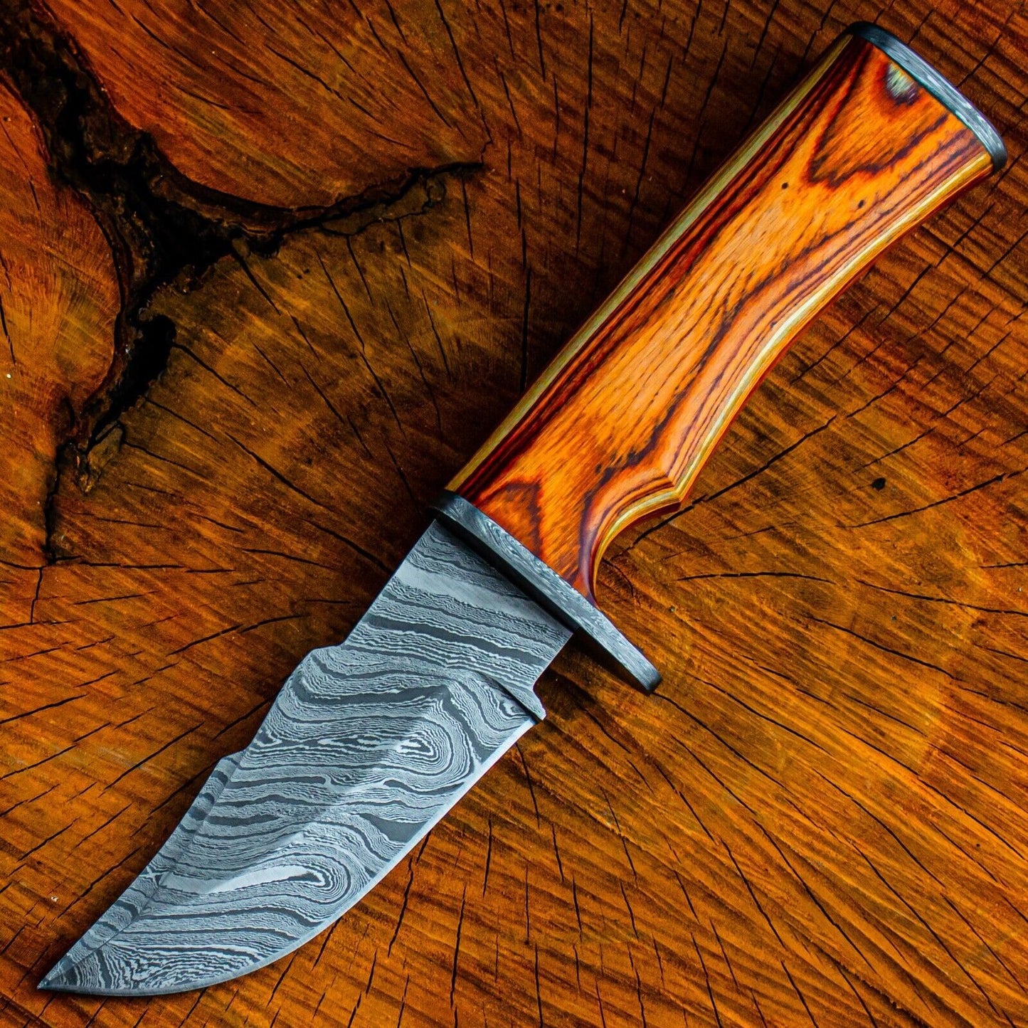 9 Inch Damascus Steel Bowie Knife with Wood Handle for Hunting and Skinning