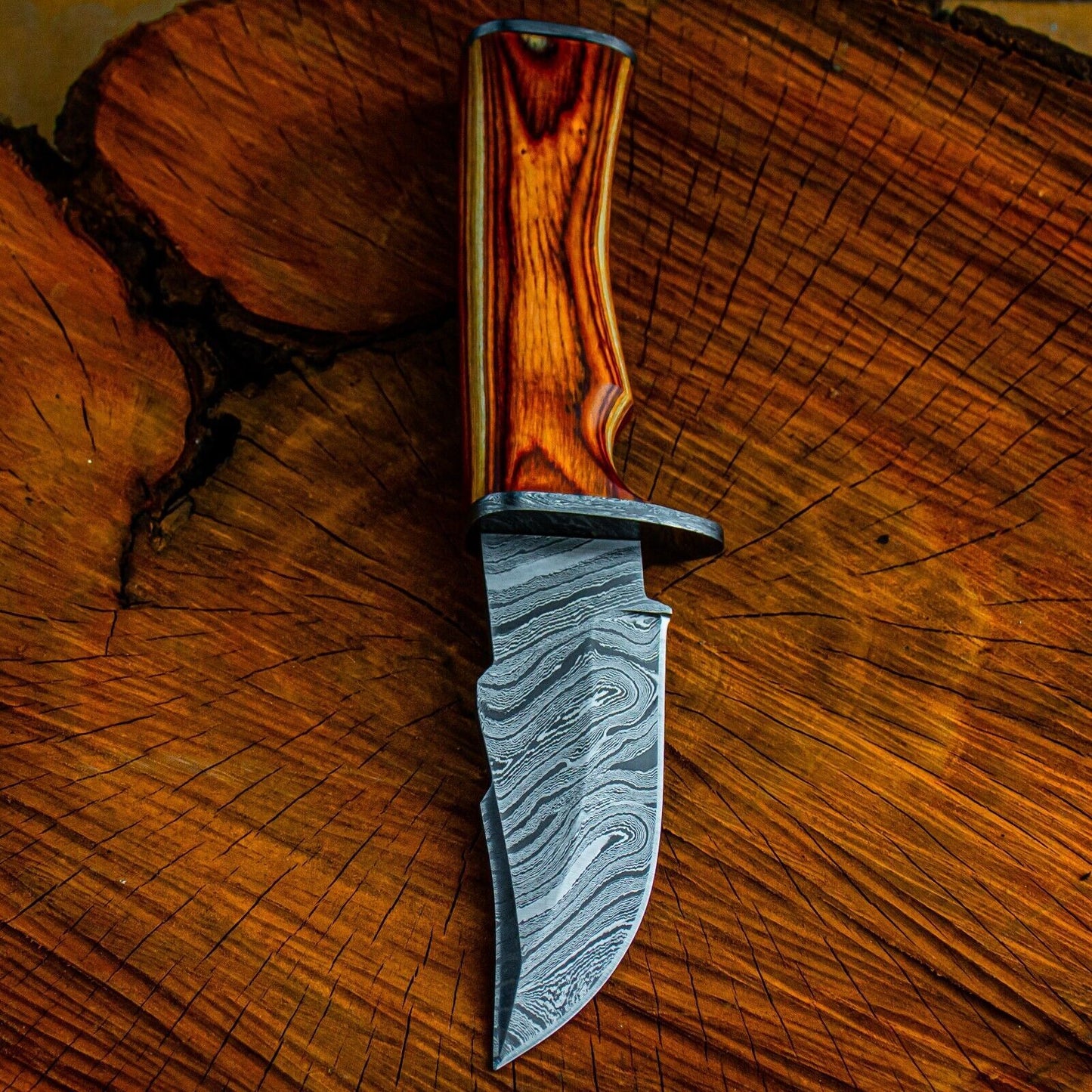 9 Inch Damascus Steel Bowie Knife with Wood Handle for Hunting and Skinning