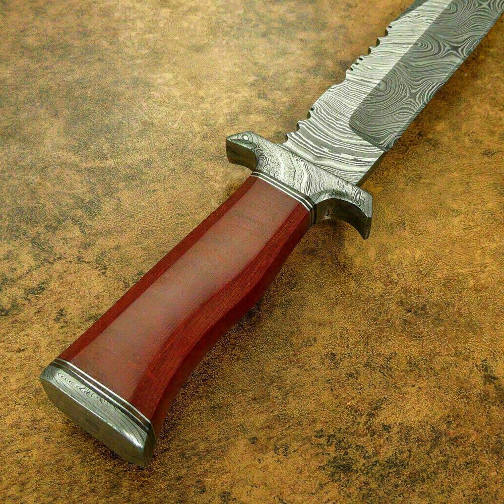 14 Inch Damascus Bowie Hunting Knife with Micarta Handle and Damascus Guard