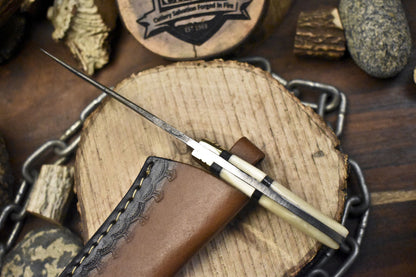Twist Damascus Skinner Knife with Bone Handle and Brass Guard – Handmade Collectible Outdoor Blade with Leather Sheath