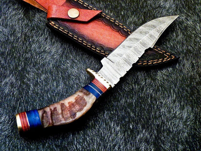 Heritage Forge 10 Inch Damascus Steel Hunting Bowie Knife with Ram Horn and Hardwood Handle