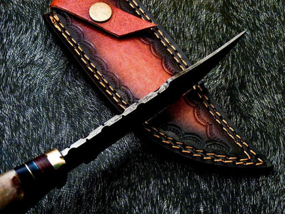Heritage Forge 10 Inch Damascus Steel Hunting Bowie Knife with Ram Horn and Hardwood Handle