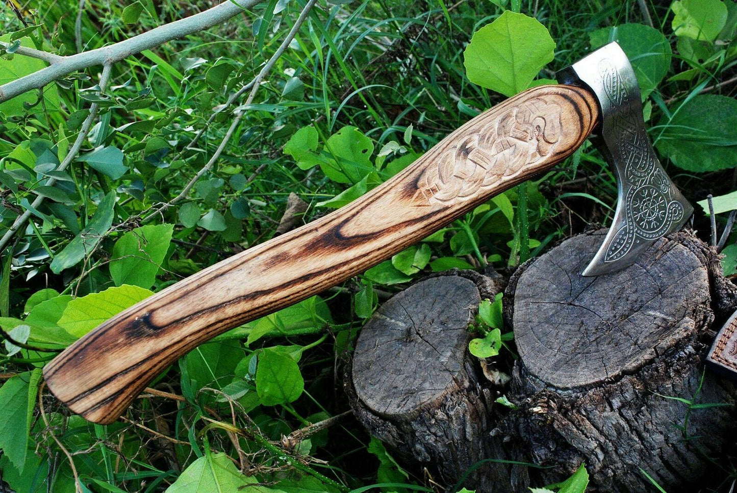 Hand Forged Carbon Steel Viking Axe with Dragon Engraved Ash Wood Handle & Leather Sheath