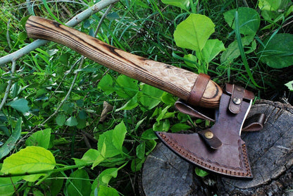 Hand Forged Carbon Steel Viking Axe with Dragon Engraved Ash Wood Handle & Leather Sheath