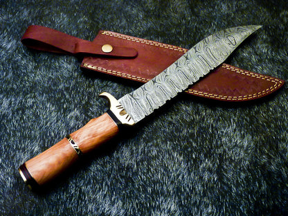 Damascus Steel Bowie Knife – Olive Wood Handle, 13" Hunting Knife
