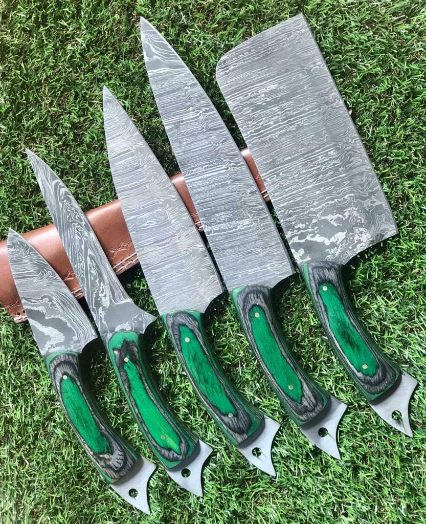 CUSTOM HANDMADE TWIST DAMASCUS STEEL CHEF SET KNIFE