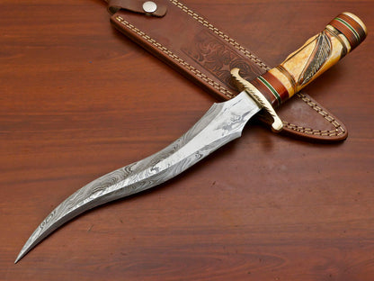 Handmade Damascus Bowie Hunting Knife – Stained Engraved Bone Handle