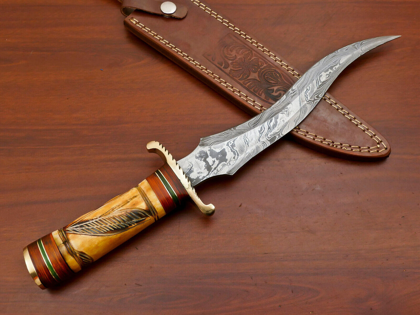 Handmade Damascus Bowie Hunting Knife – Stained Engraved Bone Handle