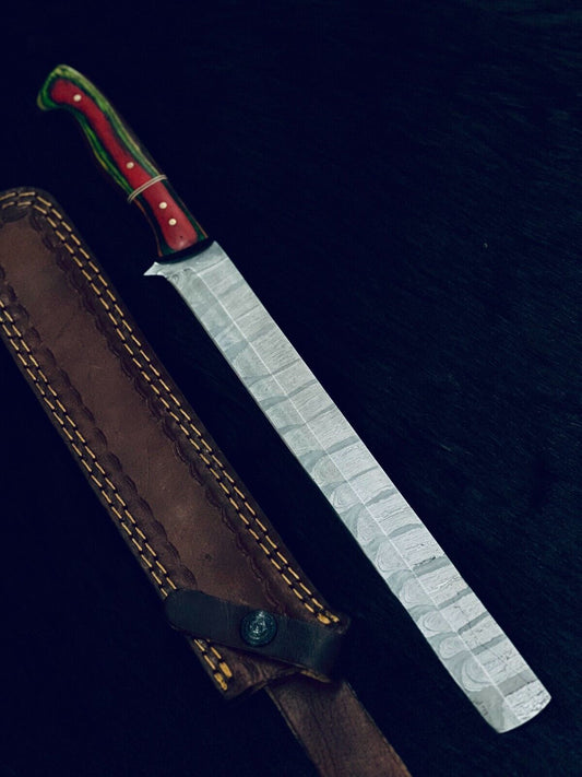 15" Hand Forged Damascus Bowie Knife Damascus Steel Knife With Bone & Wood Handle & Sheath