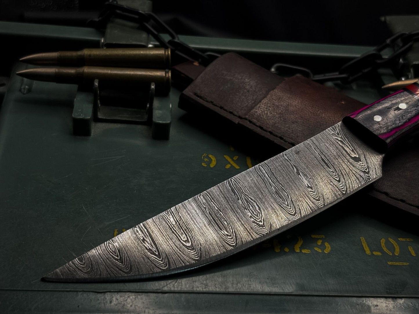 Handmade Damascus Steel Hunting Chef Kitchen Knife – EDC Horn Handle with Leather Sheath