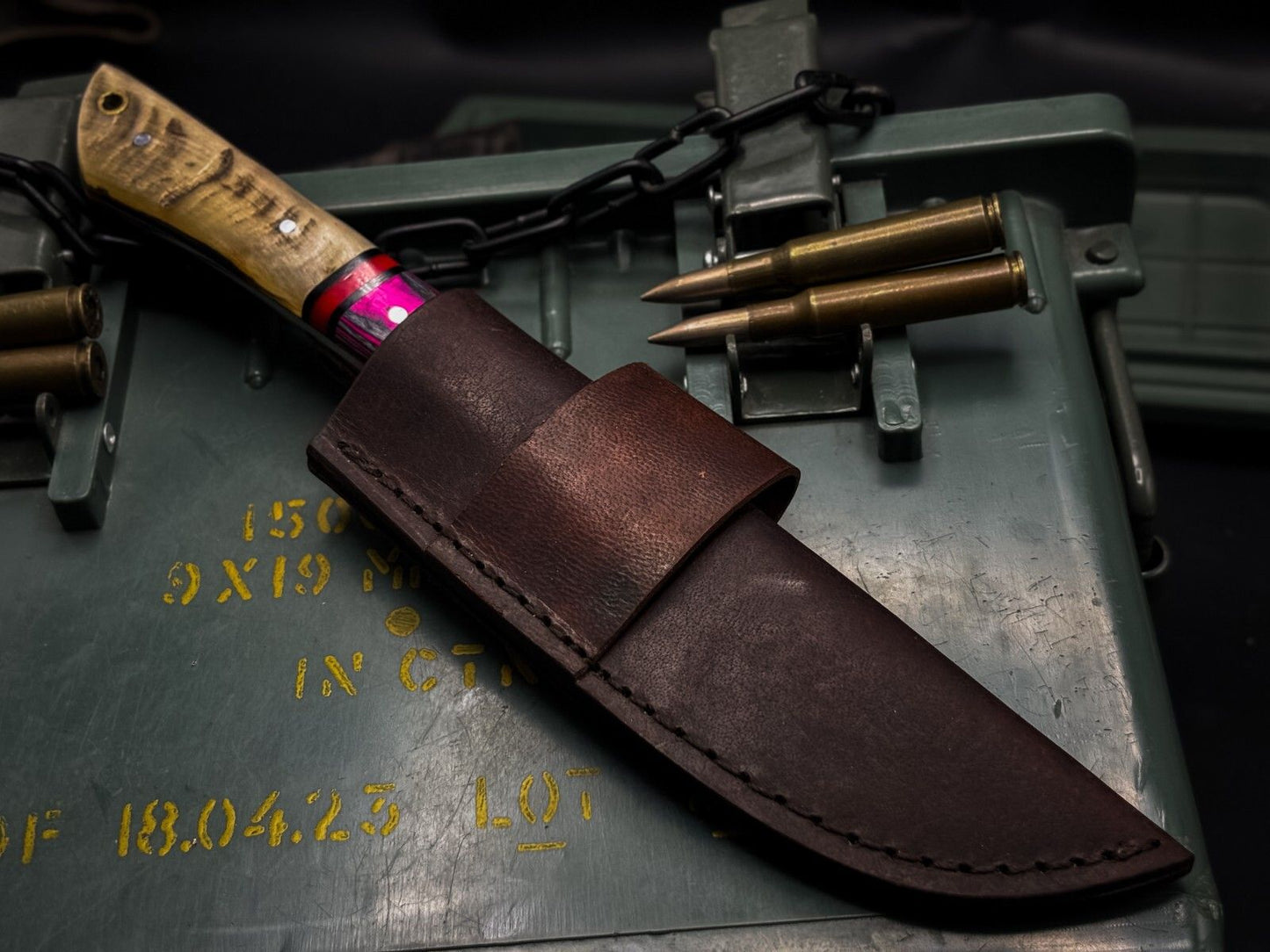 Handmade Damascus Steel Hunting Chef Kitchen Knife – EDC Horn Handle with Leather Sheath