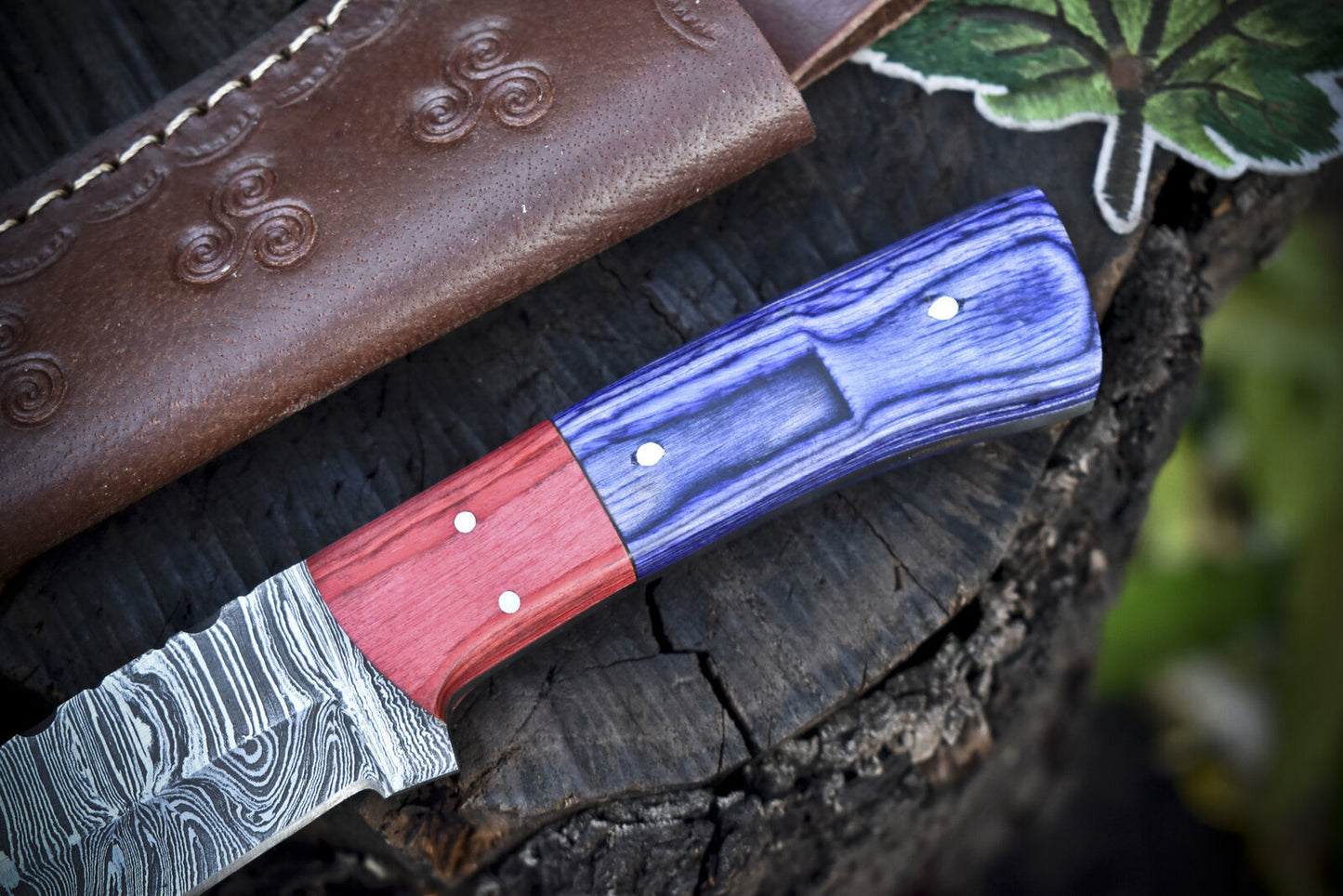 8" Twist Damascus Skinner Knife Hard Wood Handle Custom Handmade W/Sheath
