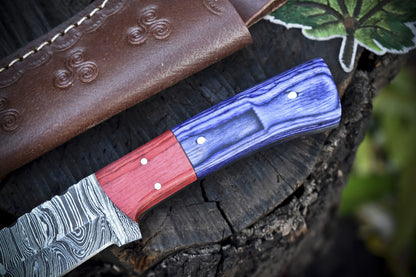 8" Twist Damascus Skinner Knife Hard Wood Handle Custom Handmade W/Sheath
