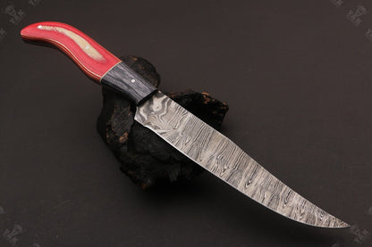 12.5" Custom Hand Forged Damascus Fillet Knife Damascus Steel Fillet Knife With Leather Sheath