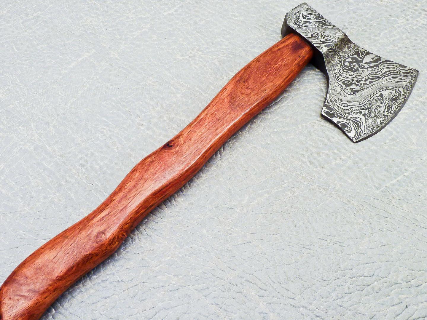 15" Custom Handmade Damascus Steel Axe With Natural Wood Handle and Leather Sheath