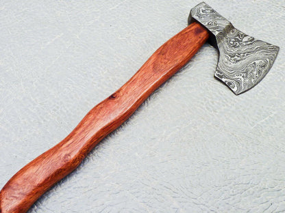 15" Custom Handmade Damascus Steel Axe With Natural Wood Handle and Leather Sheath