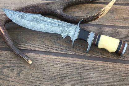 15" Big Brother Damascus Bowie Knife – Rosewood & Bone Handle with Leather Sheath