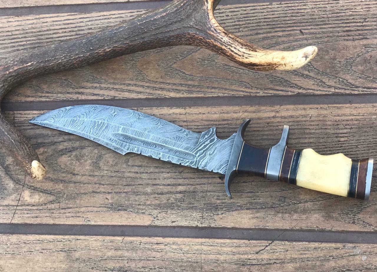 15" Big Brother Damascus Bowie Knife – Rosewood & Bone Handle with Leather Sheath