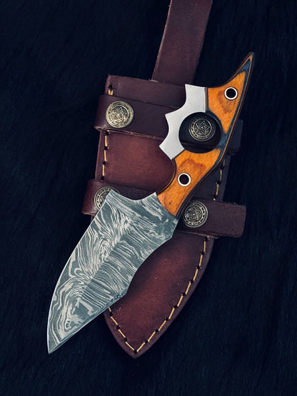 7.05" Custom Handmade Twist Damascus Bowie Hunting Knife – Camel Bone & Wood Handle