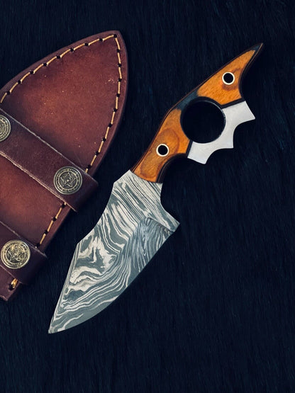 7.05" Custom Handmade Twist Damascus Bowie Hunting Knife – Camel Bone & Wood Handle