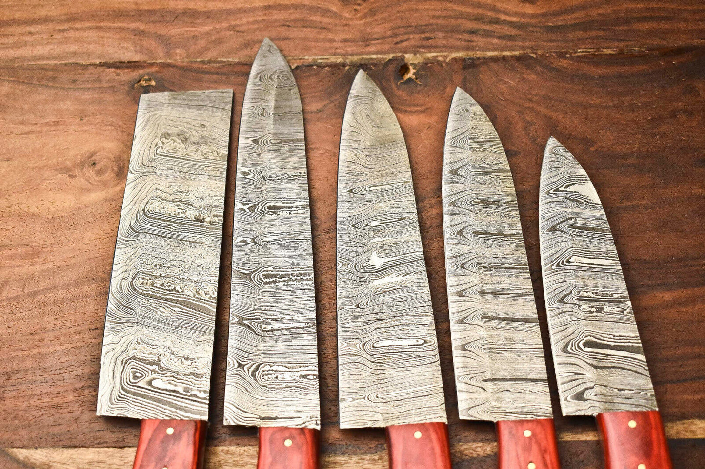 Set of 5 Handmade Hammered Damascus Steel Chef Knives – Premium Forged Kitchen Blades