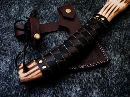 Custom Handmade Forged Viking Bearded Axe with Natural Wood Handle and Leather Sheath