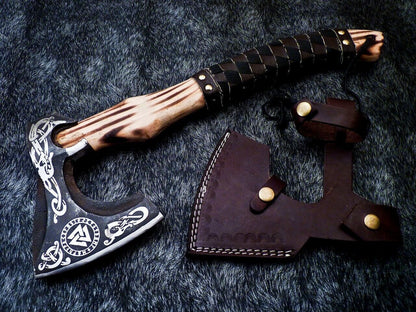 Custom Handmade Forged Viking Bearded Axe with Natural Wood Handle and Leather Sheath