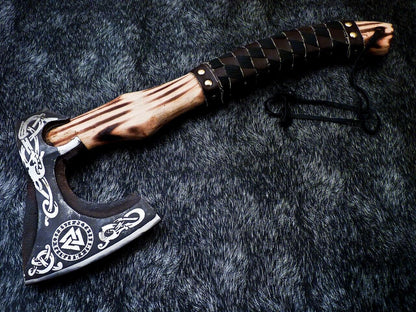 Custom Handmade Forged Viking Bearded Axe with Natural Wood Handle and Leather Sheath