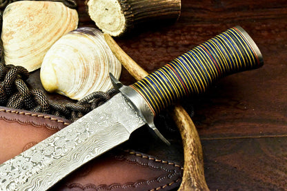 17" Damascus Bowie Hunting Knife – Wood Slice Handle with Leather Sheath