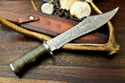 17" Damascus Bowie Hunting Knife – Wood Slice Handle with Leather Sheath