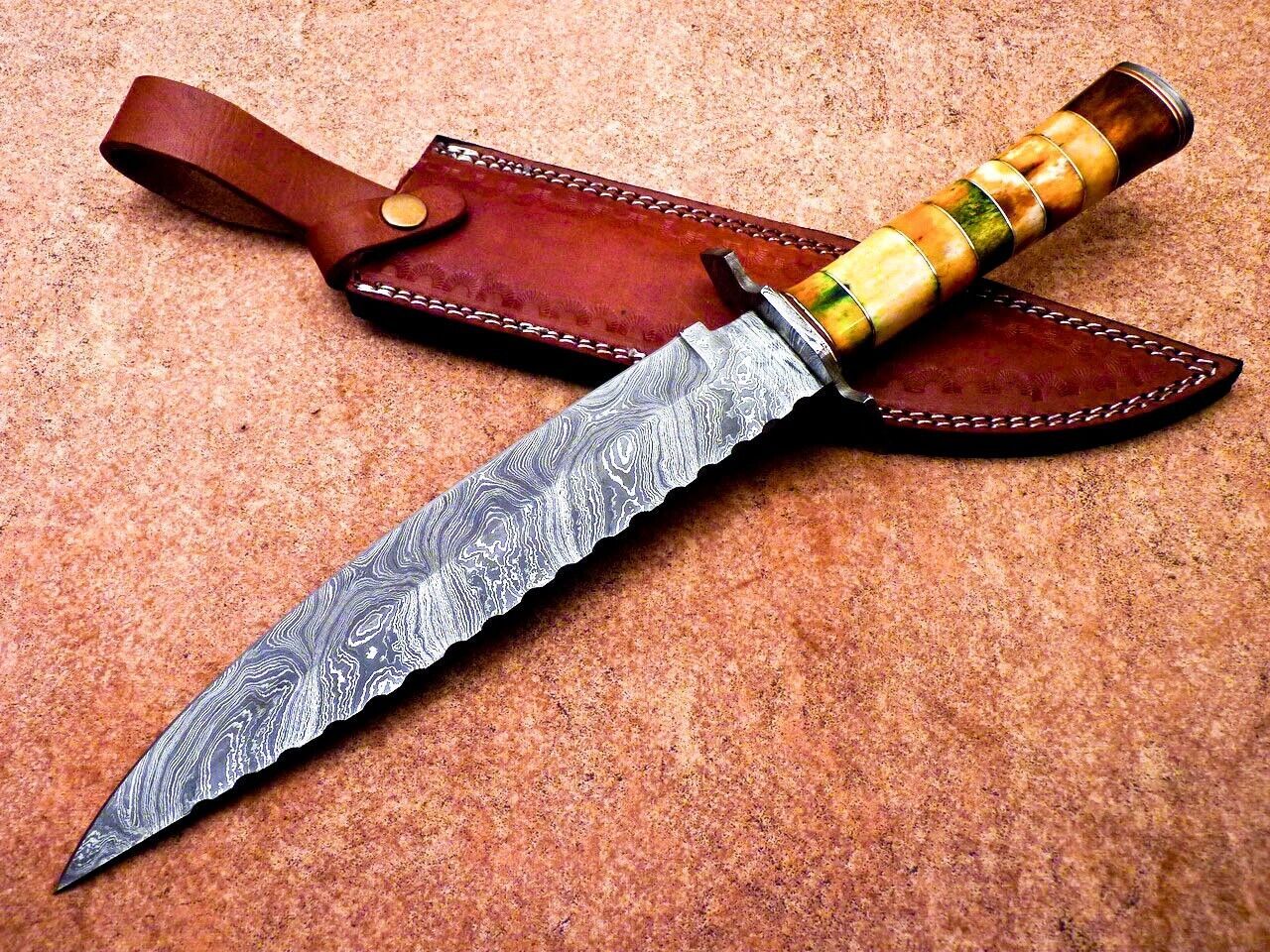 16" Damascus Steel Bowie Knife with Stained Camel Bone & Hardwood Handle – Full Tang Hunting Blade