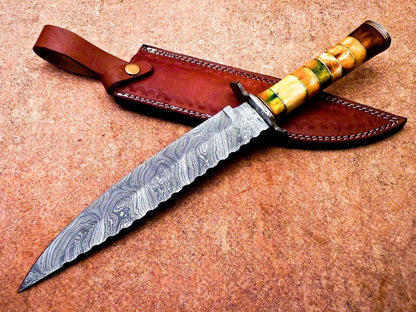 16" Damascus Steel Bowie Knife with Stained Camel Bone & Hardwood Handle – Full Tang Hunting Blade