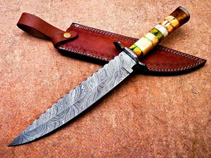 16" Damascus Steel Bowie Knife with Stained Camel Bone & Hardwood Handle – Full Tang Hunting Blade
