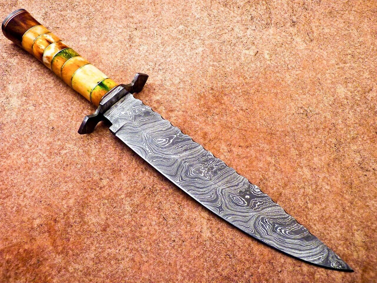 16" Damascus Steel Bowie Knife with Stained Camel Bone & Hardwood Handle – Full Tang Hunting Blade