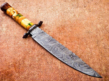 16" Damascus Steel Bowie Knife with Stained Camel Bone & Hardwood Handle – Full Tang Hunting Blade